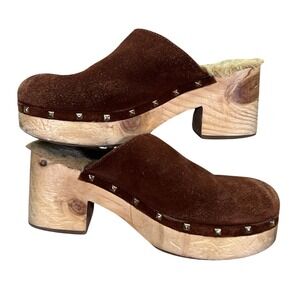 Steve Madden Brooklyn‎ Brown Suede Faux Fur Lined Studded Wood Clogs Womens 8.5M
